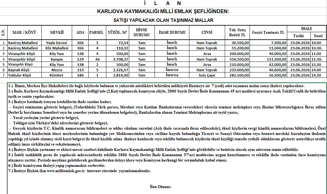 Karlıova’da 7 adet taşınmaz ihale yoluyla satışa çıkarıldı